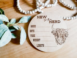 New to the Herd Wooden Birth Announcement Round // Country Baby // Highland Cow // Boho Baby // Custom Birth Announcement // Birch Round