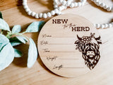 New to the Herd Wooden Birth Announcement Round // Country Baby // Highland Cow // Boho Baby // Custom Birth Announcement // Birch Round